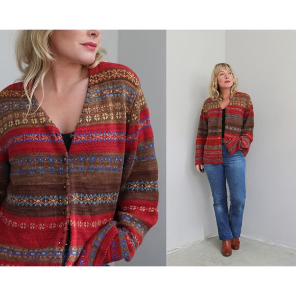 2000's Vintage Tiara International Knit Fair Isle Cardigan Sweater Women's MD LG - Picture 1 of 10